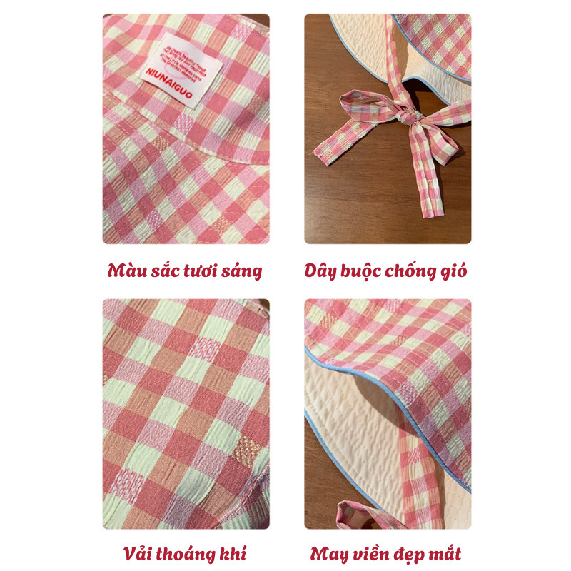 Mũ Tai Bèo Chống Nắng Vành Rộng 2 Mặt Họa Tiết Caro-Trơn Màu Pastel,  Mũ Bucket Dây Nơ Đi Biển