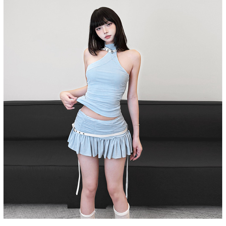 Klalien Hai Mảnh Bộ Dây Tắt Tay Skinny Backless Vest Ruched Cá Tính Váy Đa Năng Thời Trang Hot Nữ