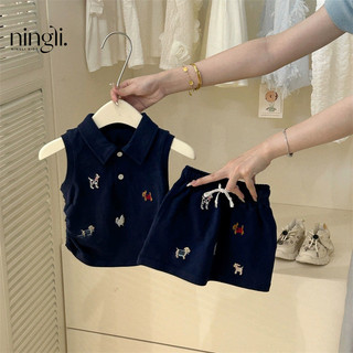 Trang phục mùa hè cho bé gái, bộ hai mảnh phong cách đại học mới, áo vest cổ polo và chân váy