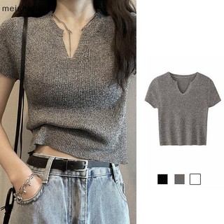 Meisha888 Mùa Hè Màu Trơn Cổ Chữ V Tay Ngắn Dệt Kim Áo Thun Nữ Slim Crop Top Đẹp