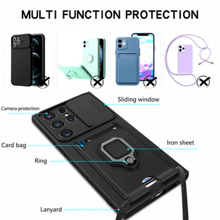 Dành Cho Samsung Galaxy S23 Ultra S22 Ultra S24 Plus S25 Edge Ốp Lưng 4 Trong 1 Trượt Camera Bao Đựng Thẻ Đứng Vuông Freebie Dây Chống Sốc Chống Rơi Mỏng Mềm TPU Cover
