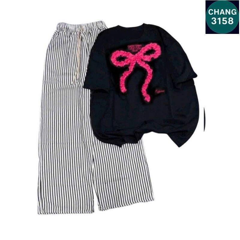 Sét Bộ Đồ Quần Đũi Xốp Kẻ sọc Vằn + mix áo phông form rộng tay lỡ  - Hình nơ dúm---chang3158