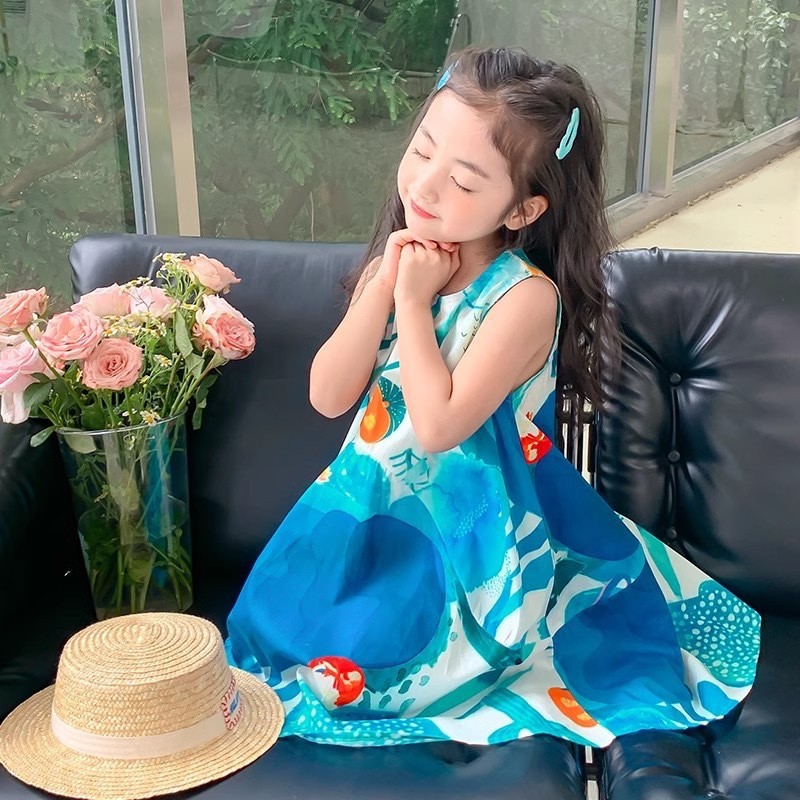 Đầm Bé Gái Mùa Hè Cotton Nguyên Chất Đầm Công Chúa Váy Dài Chữ A In Hình Phiên Bản Hàn Quốc 1J99
