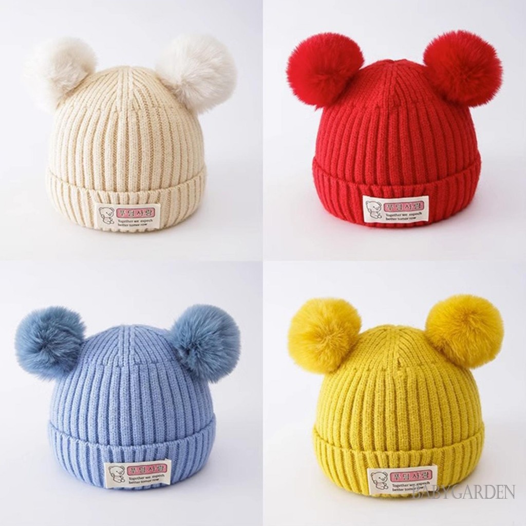 / / -Baby Girls Boys Beanie Bear Letter Patch Double Bobbles Thu Đông Mũ Ấm Áp Tập Đi Beanie Mũ Đan