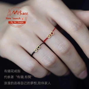 Nhẫn đôi nữ dây đỏ đồng xu cát vàng may mắn, điều chỉnh size, tặng bạn gái, phong cách cổ điển