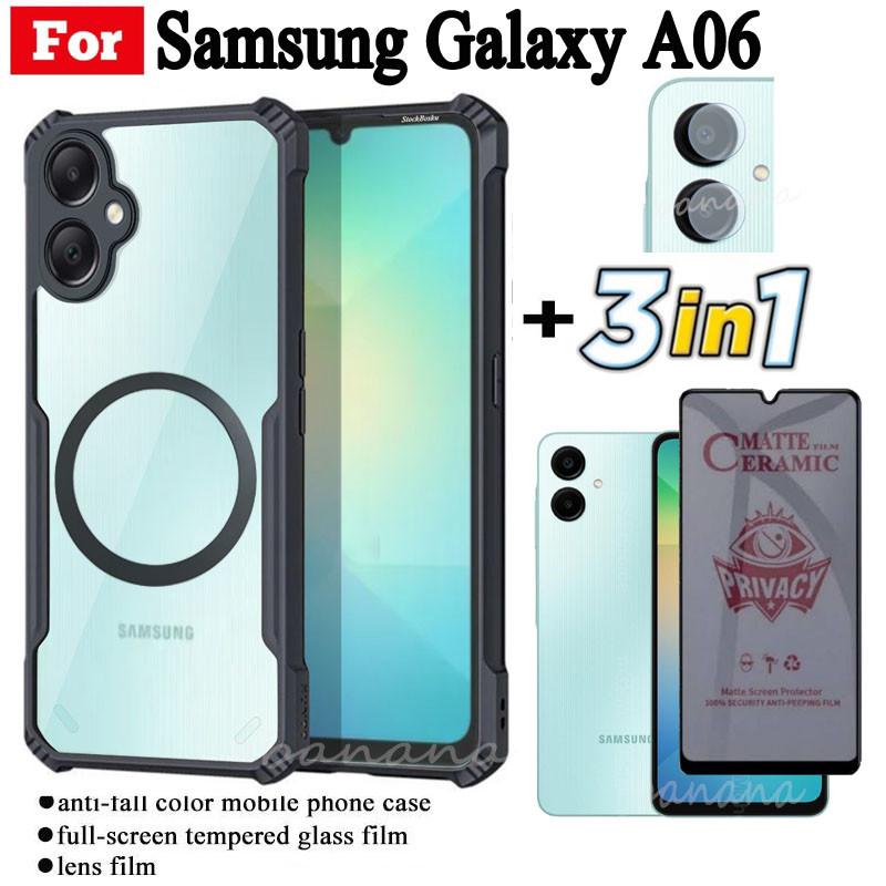 Ốp Điện Thoại Chống Sốc 3 Trong 1 Samsung A06 Có Nhãn Dán Sạc Không Dây Từ Tính Cho Samsung A16 A15 A05 A55 M35 Kính Cường Lực Chống Gián Điệp Bảo Vệ Màn Hình Và Phim Ống Kính