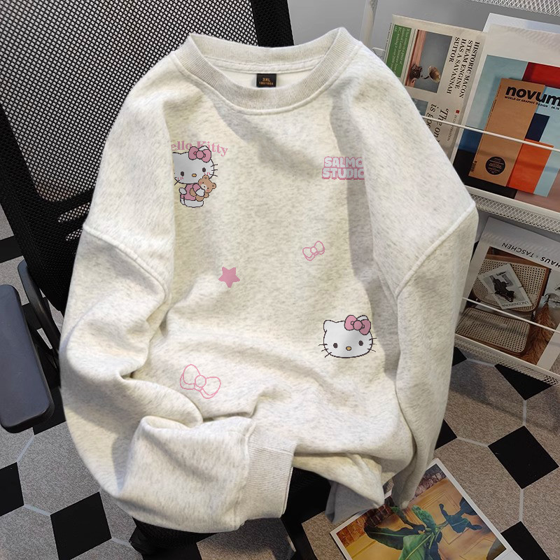 Áo nỉ dài tay nữ xám tiêu hàn quốc hello kitty xinh áo sweater essentials mùa thu đông form rộng SALMO