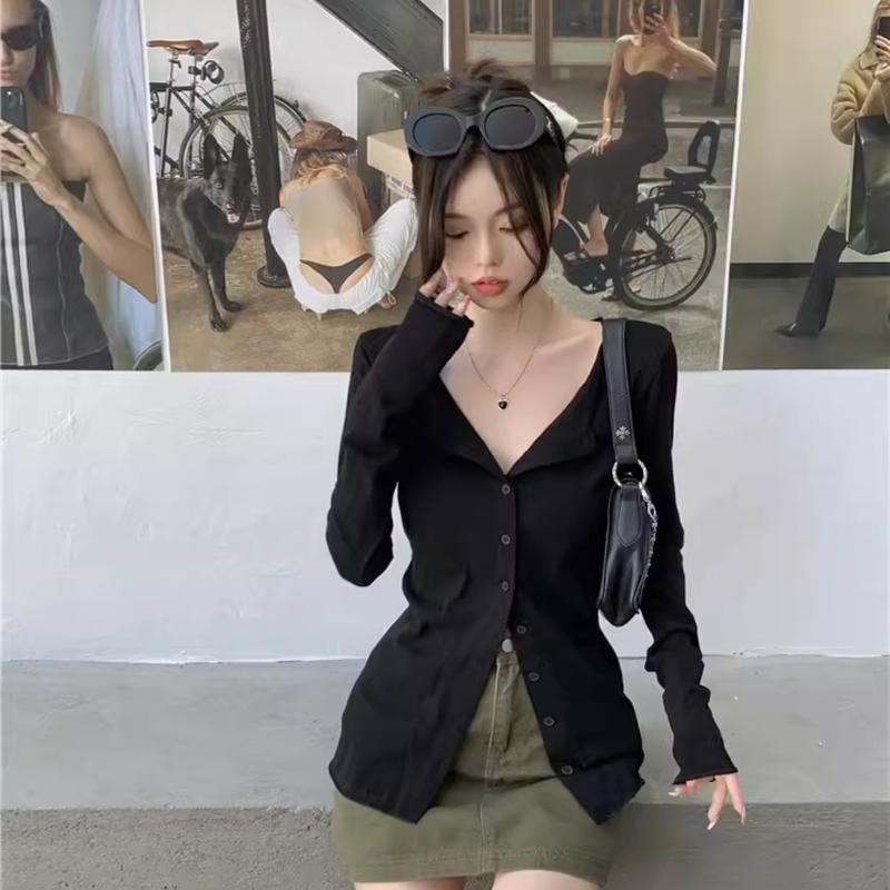 Áo Nữ Kiểu Tay Dài PINKSTORE29 Có Cúc Cài, Dáng Ôm Body, Cổ Kiểu Gợi Cảm A5557 Top Thun