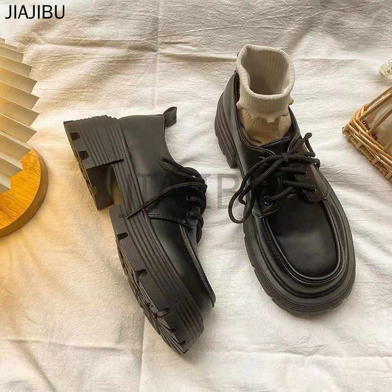 Size 34-42 Giày Nữ Size Lớn Chất Lượng Cao Giày Da Nhỏ Mũi Tròn Chống Trượt Phong Cách Anh Có Gót Dày Giày Buộc Dây Oxford Giày Đi Học Màu Đen Korean Fashion Platform Mary Jane Shoes Japanese JK Uniform Lolita Doll Shoes Giày Công Chúa Cosplay Giày Nhảy