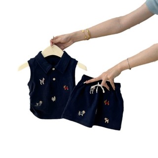 Trang phục mùa hè cho bé gái, bộ hai mảnh phong cách đại học mới, áo vest cổ polo và chân váy