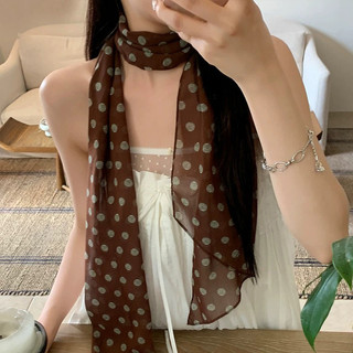 Khăn lụa chấm bi nâu đa năng voan mềm cho nữ, dùng làm khăn cổ/ruy băng