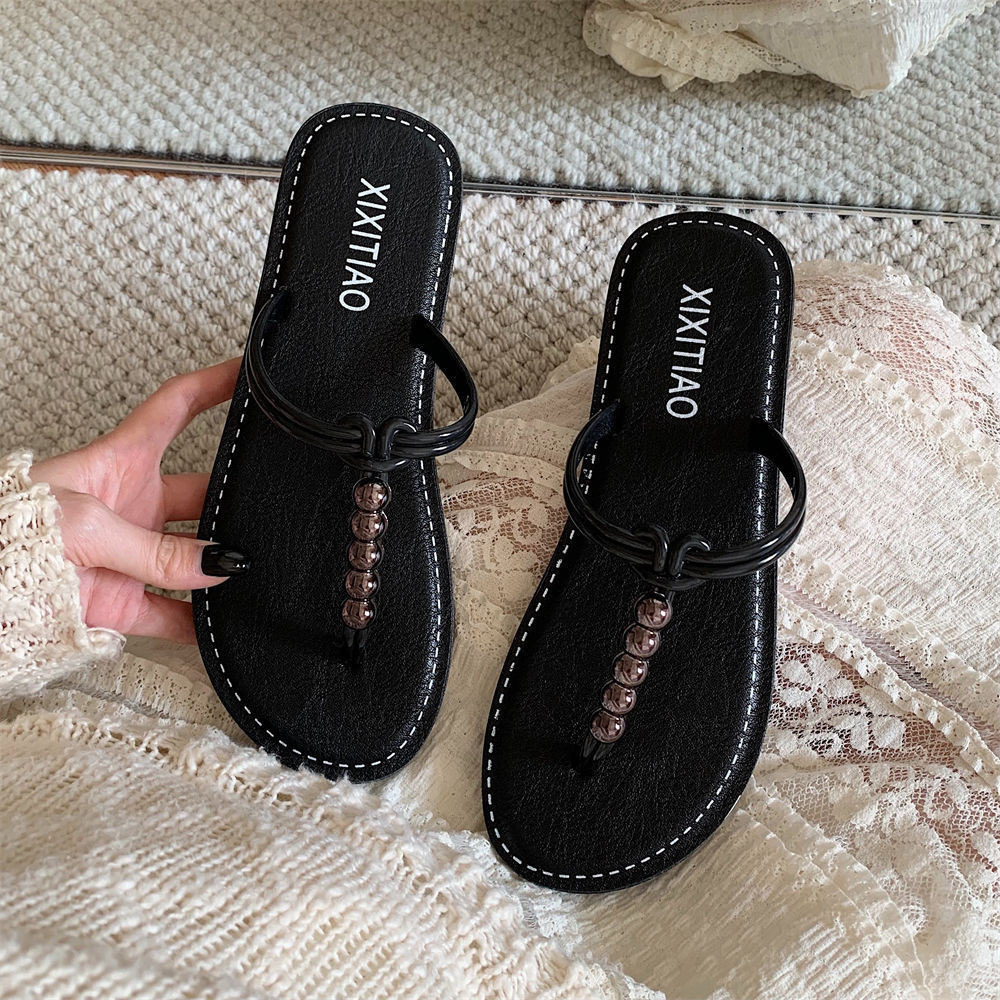 XIXITIAO Dép Lật Phẳng Màu Sắc Mùa Hè Phù Hợp Với Thời Trang Đính Hạt Đi Biển Flip Flops Nữ