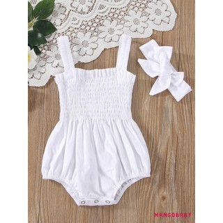 MG-Baby Áo Liền Quần Mùa Hè Trang Phục Màu Trơn Ruched Bé Gái Thường Ngày Không Tay Suspender Rompers Và Băng Đô