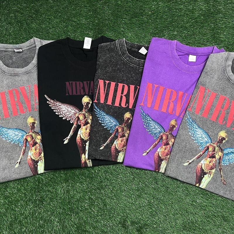 [Bộ sưu tập người 1086] Nirvana Band Rock Nirvana Cobain Cobain In hình đau khổ Washed Retro Wax Nhuộm áo thun dáng rộng