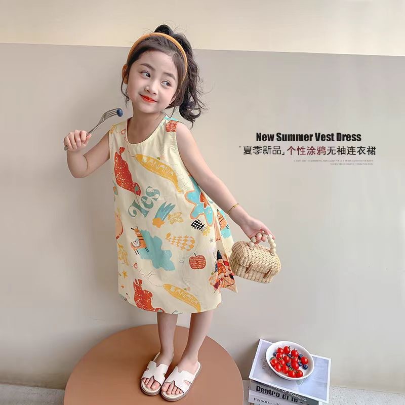 Đầm Bé Gái Mùa Hè Cotton Nguyên Chất Đầm Công Chúa Váy Dài Chữ A In Hình Phiên Bản Hàn Quốc 1J99