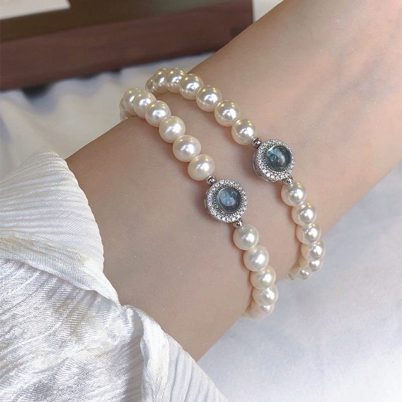 Vòng tay hạt ngọc trai nước ngọt Aquamarine tự nhiên sang trọng nhẹ nhàng với thiết kế độc đáo