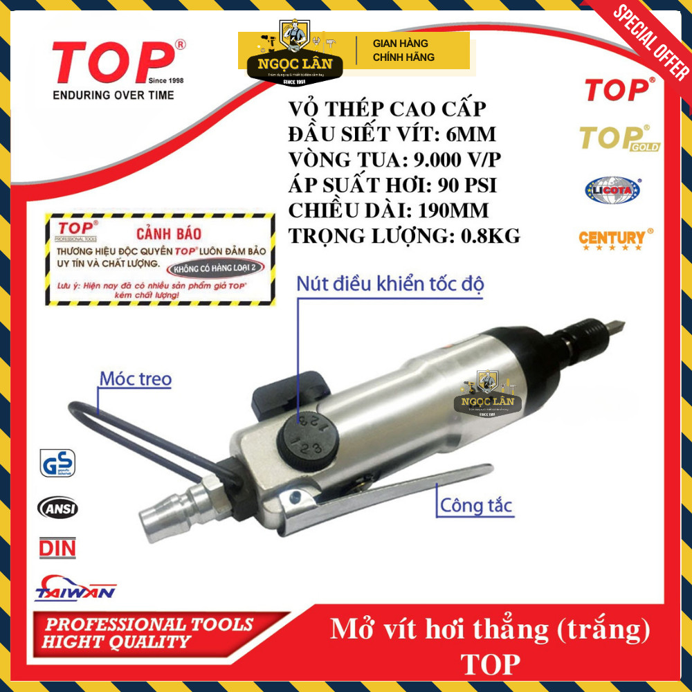 [Chính hãng TOP] Máy Mở Vít Bằng Hơi TOP Dạng Thẳng dùng mũi vít 6mm (mã PAA-30001Q)