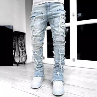 Quần ống đứng denim nam mới xuyên biên giới thời trang đường phố Âu Mỹ quần ống đứng denim vá co giãn mẫu hot Instagram