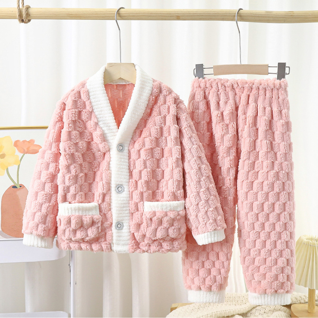Trẻ Em Flannel Bộ Đồ Ngủ Thu Đông Dày Jacquard Cánh Cứng Lông Cừu Dài Tay Quần Vừa Lớn Trẻ Em Màu Trơn Cardigan Loungewear 90-160 QWQ