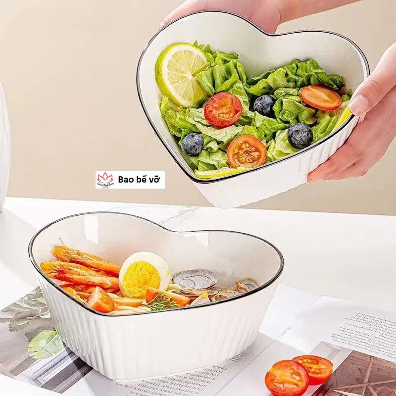 Tô sứ trái tim,bát trái tim sứ trắng viền đen, bát salad, bát súp, bát mì, bát tô đẹp sang trọng, bát tô canh, bát