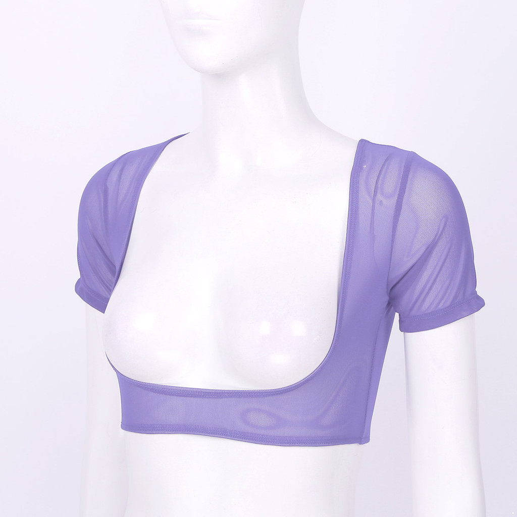 YOOJOO Nữ Lưới Mềm Nhìn Xuyên Qua Sheer Mở Bust Tay Ngắn Bụng Khiêu Vũ Crop Top
