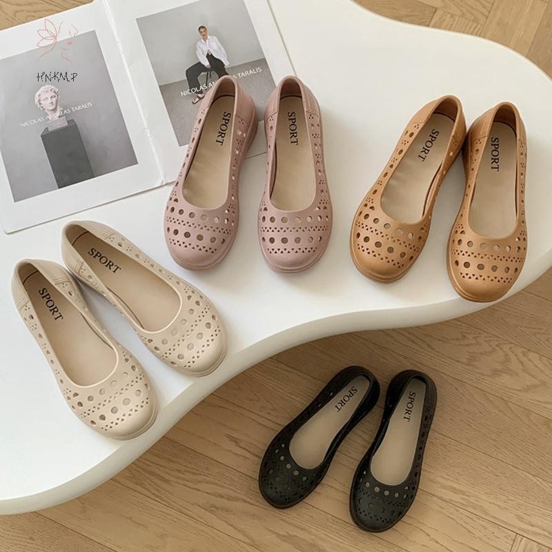 Hnkmp Mùa Hè Mới Rỗng Giày Thời Trang Đế Bằng Màu Trơn Nông Miệng Đậu Giày Nữ Mặc Bên Ngoài Lỗ Giày.