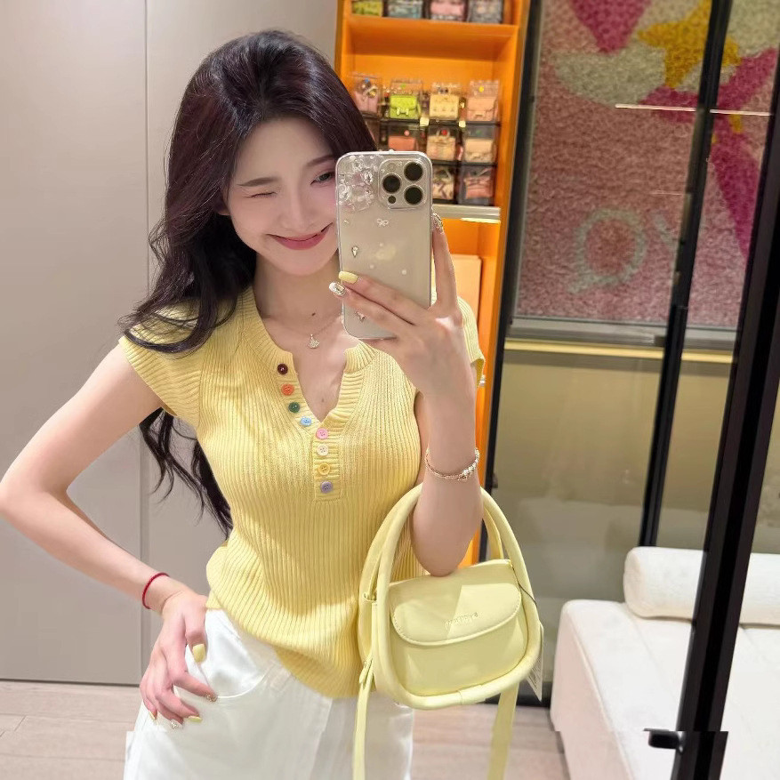 YAYUAN Áo Len Cổ Chữ V Nút Nhiều Màu Sắc Nữ Mùa Hè Giảm Tuổi Thời Trang Sang Trọng Ôm Hơn Nhìn Ngắn-