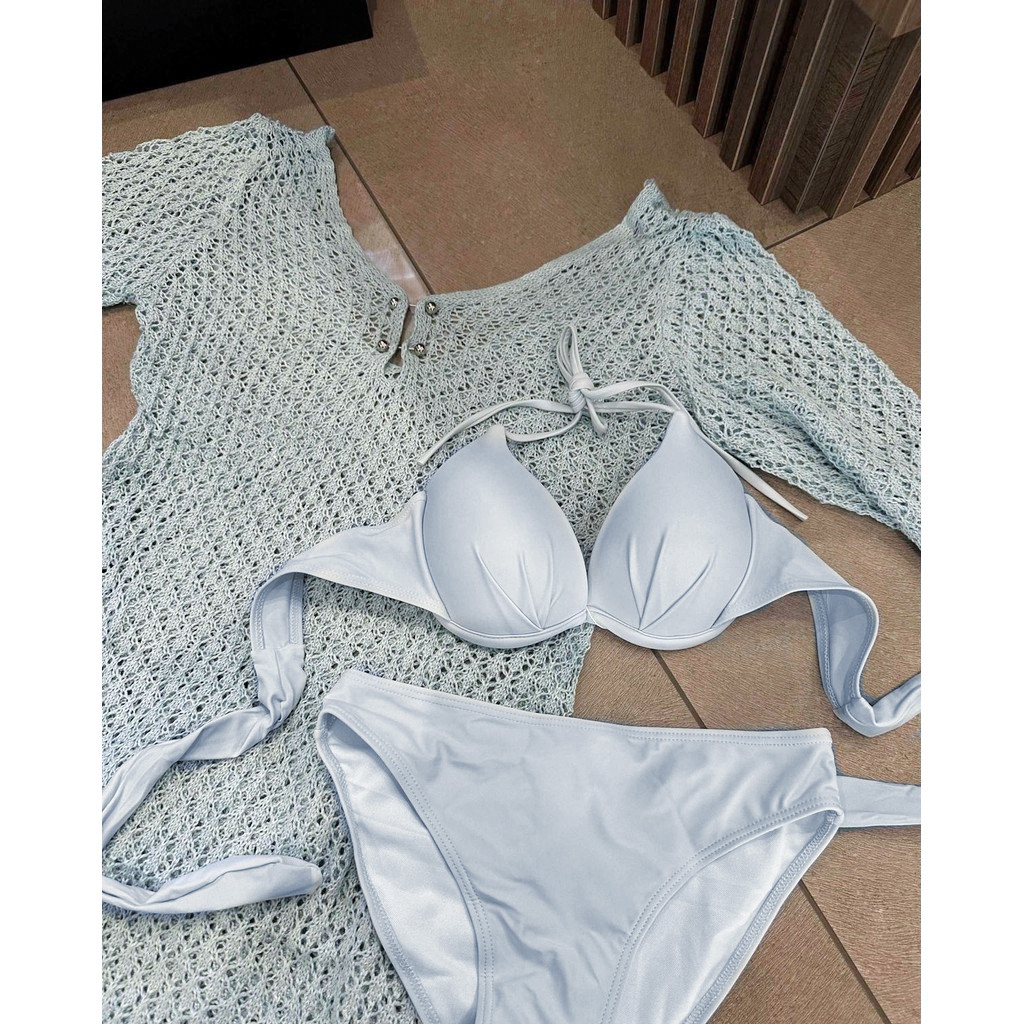 Mới bikini Đi Biển Váy Nữ Màu Trơn Gợi Cảm Dệt Kim Rỗng Đi Biển bikini Đồ Bơi Áo Chống Nắng