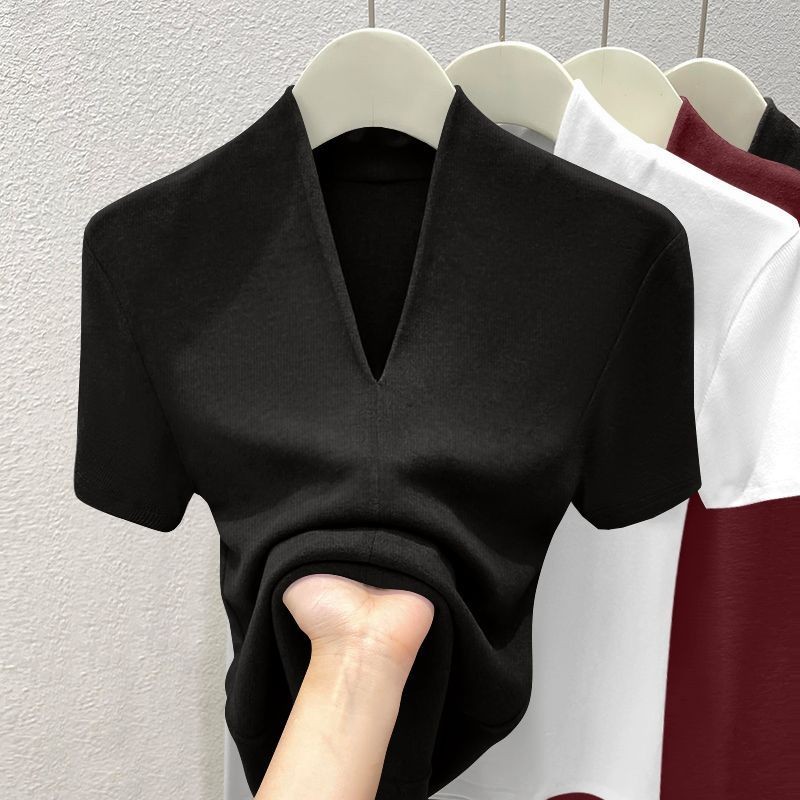 Áo thun nữ mùa hè 2026 retro mới cổ chữ V giảm béo ren thời trang dáng rộng thường ngày