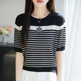 Camellia Màu Sắc Tương Phản Ngắn Tay Dệt Kim Nữ Xuân Hè Lyocell Cổ Tròn Sọc Áo Thun Top Light Loose Đơn Giản