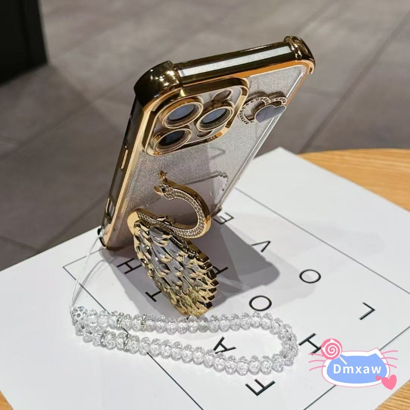 Ốp Điện Thoại Đứng Bling Swan Cho Motorola Edge 60 50 Fusion 50 Neo Pro Moto S50 G86 G72 G60S G40 Fusion G56 G05 E15 5G Vỏ Mạ Tình Yêu Màu Đen Thời Trang Có Dây Đeo Pha Lê