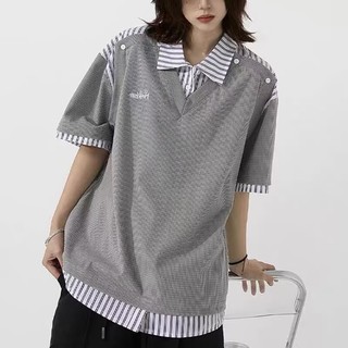 Áo Sơ Mi Sọc Chắp Vá Giả Hai Mảnh Tay Ngắn Áo Unisex Mùa Hè Đại Học Phong Cách Rời Áo Sơ Mi Polo Thường Ngày