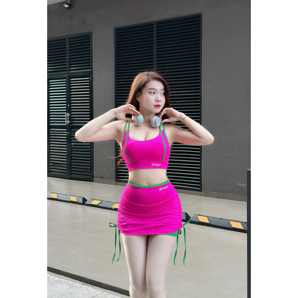 Bộ DT01 váy rút thể thao tập gym, yoga , aerobic, đi bơi , tắm biển ... thun poly co giãn thoải mái vận động
