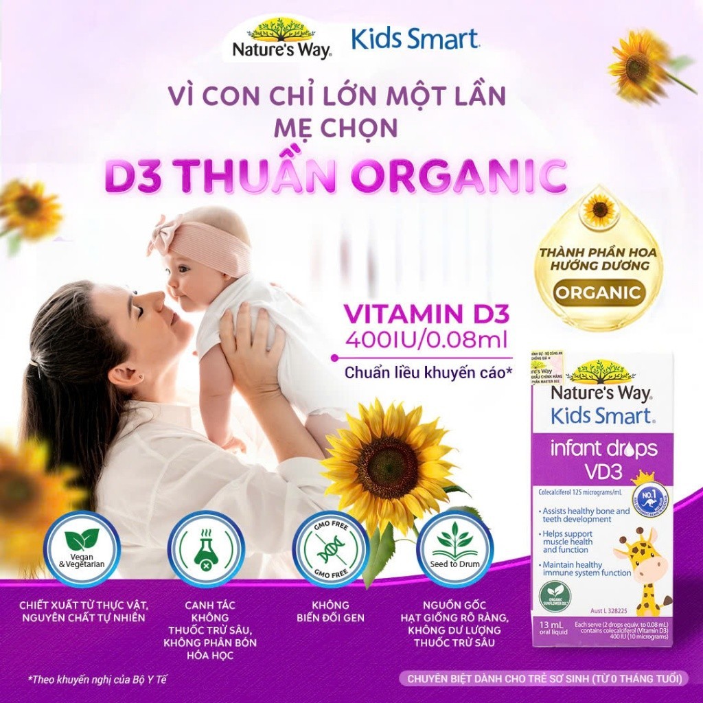 Vitamin D3 ORGANIC Nature’s Way, D3 Thuần Cho Trẻ Sơ Sinh Kids Smart Infant Drops VD3 - Hộp 13ml