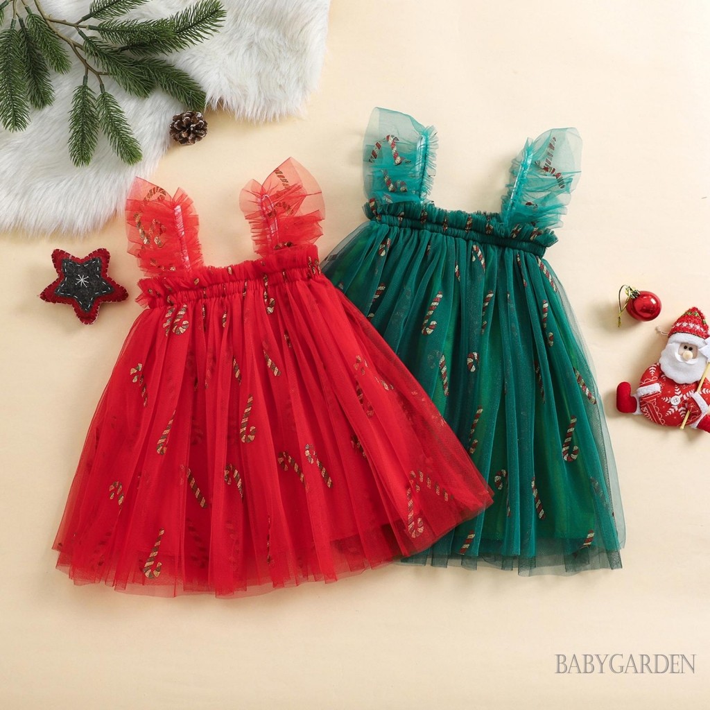 / / -6Month-4year Bé Gái Giáng Sinh Không Tay Cổ Vuông Kẹo Cane / Kẻ Sọc In Tutu Tulle Đầm Công Chúa