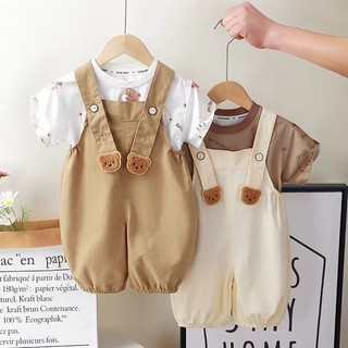 (6m-8Y) Quần Áo Cho Bé Toddle In Hình Gấu Hoạt Hình Tay Ngắn + Dây Treo 2 Dây Đeo Bé Trai Bé Gái Bộ Phong Cách Thời Trang Hàn Quốc