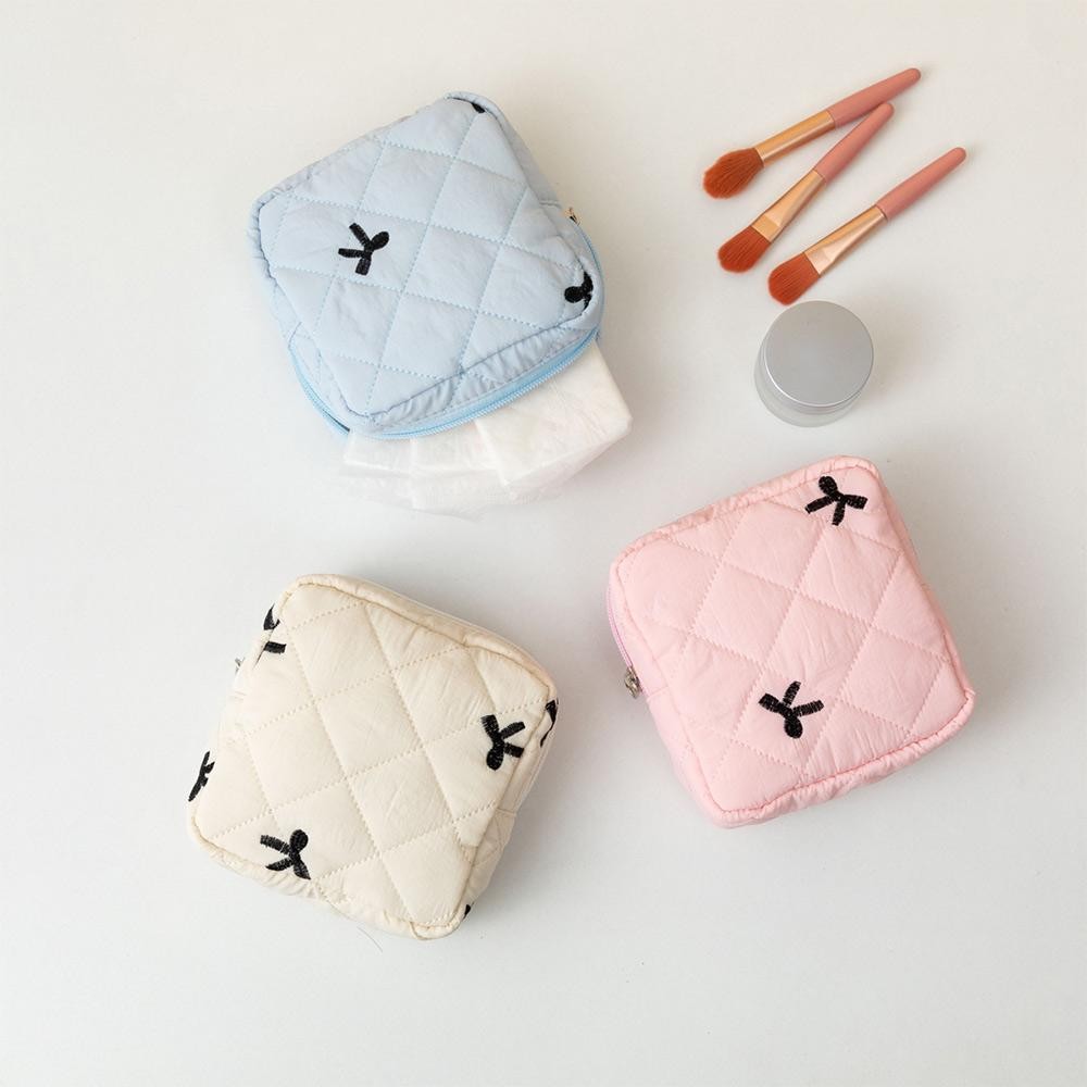 SNUGHOUSE Túi đựng đồ trang điểm nhỏ, Túi đựng khăn ăn vệ sinh bằng vải Cotton, Coquette Bow Móc khóa tai nghe Ví đựng tiền xu