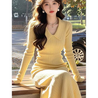 Quần áo phụ nữ Hàn Quốc kiểu Pháp màu vàng chín Nhẹ Mùa Thu cao cấp váy khí chất dệt kim bầu không khí đẹp