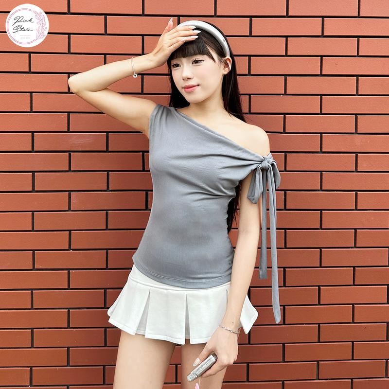 Áo Trễ Vai Kiểu Cộc Tay Kèm Dây Thắt Nơ PINKSTORE29 Phong Cách Dễ Thương A51194
