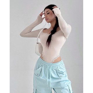 Cô Gái Cay Ren Viền Slim Fit Cổ Vuông Áo liền quần Áo Thun 2024 Gợi Cảm Dài Tay Top
