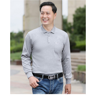 Áo phông cotton dày dặn có túi cổ bẻ dài tay cho bố, polo thường ngày rộng rãi nam trung niên và cao tuổi mùa thu