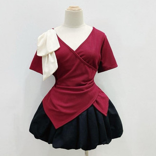 Sét Bigsize Nữ Áo Thun Tay Ngắn Vạt Nhọn Chéo Nơ Vai Chất Ruby Co Giãn Phối Váy Bí Lụa Xoa SET947