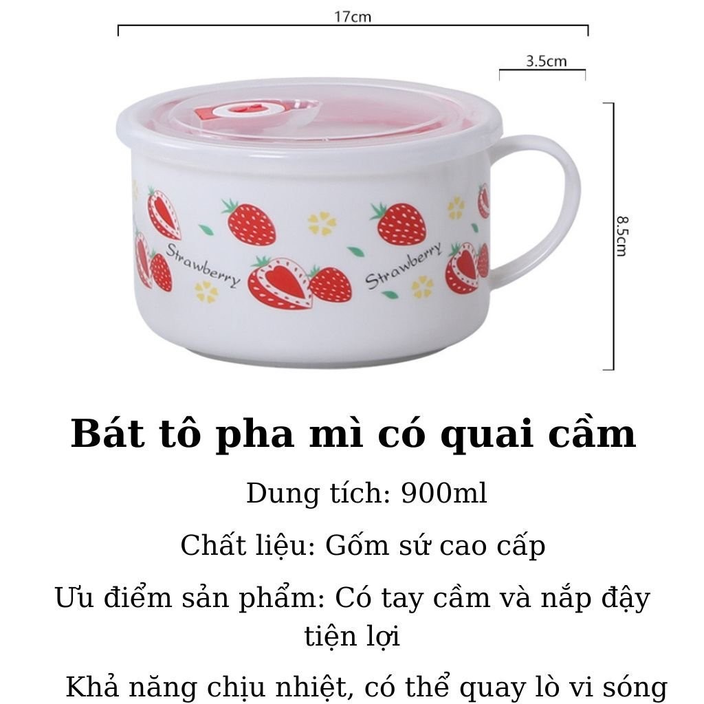 Bát sứ ăn mỳ kèm nắp nhựa có tay cầm Tô sứ pha mỳ chất liệu chịu nhiệt hoạ tiết đáng yêu