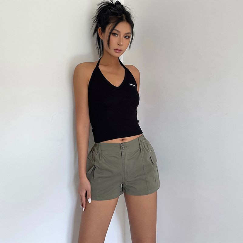 Quần Short Nữ Retro Thiết Kế Đơn Giản Thắt Lưng Co Giãn Túi Làm Việc
