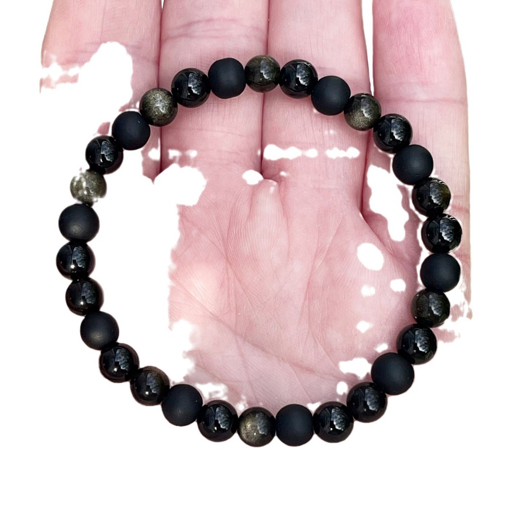 Vòng tay mã não đen pyroxene obsidian vàng tự nhiên