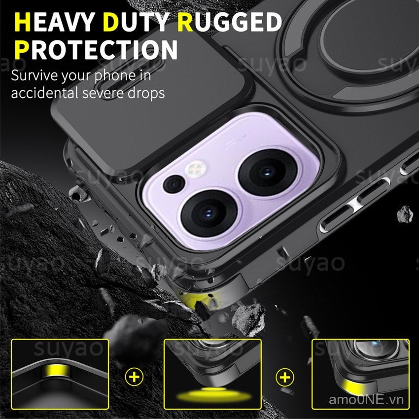 Ốp điện thoại cho Oppo Reno 13 Pro 13Pro 5G 2025, vỏ bảo vệ với vòng đỡ, giá đỡ, bảo vệ ống kính từ tính, chống sốc, nắp lưng