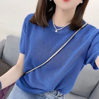 Trạm Châu Âu Mỏng Cổ Tròn Băng Lụa Dệt Kim Đơn Giản Áo Thun Nữ Tay Ngắn Thời Trang 2024 Màu Trơn Top Hợp Thời Trang