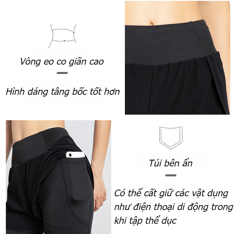 QuầnTập Gym Yoga Chạy Bộ 2 Lớp Có Túi Đựng Điện Thoại, Quần legging nữ co giãn, Có túi bên