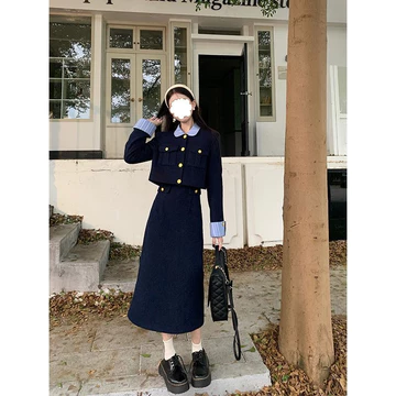 【Bess's house】áo khoác ngoài+váy ôm body,váy sang chảnh,set đồ nữ đi chơi,set đồ nữ mùa đông,Áo khoác ngắn tay kiểu Pháp dành cho nữ, váy chắp vá thời trang mới mùa thu 2024, bộ hai mảnh khí 