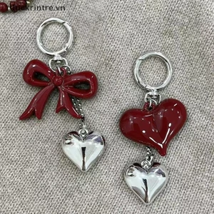 Thi Tính Khí Đơn Giản Nơ Đỏ Trái Tim Acrylic Móc Khóa Mặt Dây Chuyền Dành Cho Nữ Bé Gái Ba Lô Đa Năng Trang Trí Phụ Kiện Quà Tặng VN